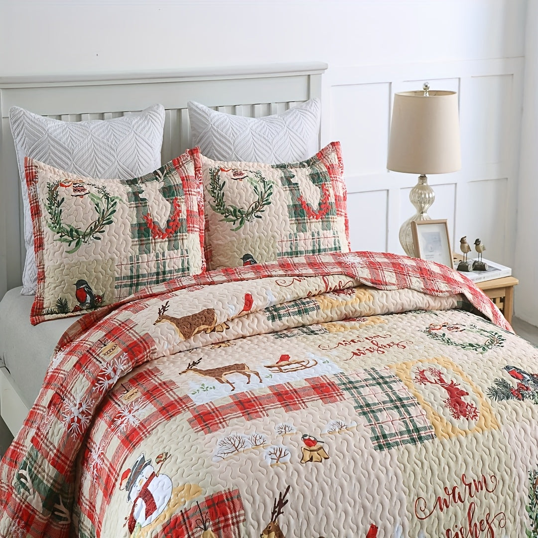 Christmas Quilt Set Queen King 3 Piece – Rustic Lodge Deer Snowman Snowflake Holiday Bedding Ensemble, Quilted Bedspread Coverlet with Pillow Shams, Machine Washable Lightweight Comforter