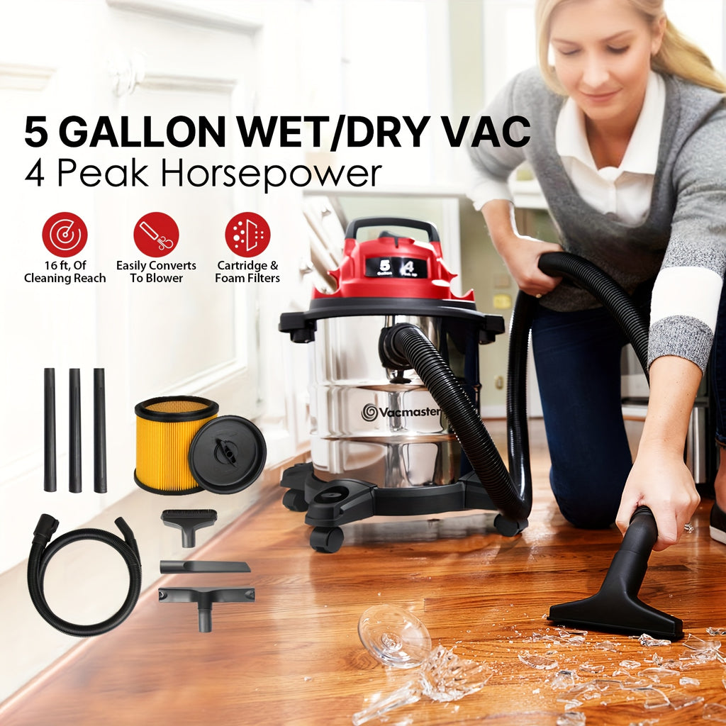 Wet Dry Shop Vac 5 & 8 Gallon – Premium Wet Dry Vacuum with Blower Function, 10ft Cord, 16KPa & 20KPa Suction for Dog Hair, Garage, Car, Home & Workshop