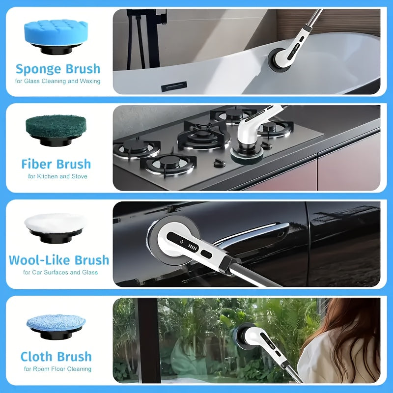 Electric Rotary Scrubber Cordless with 8 Replaceable Brush Heads – Dual Speed USB Rechargeable Power Scrubber, Adjustable Detachable Handle, Swivel Head for Bathroom, Bathtub, Tile, Floor & Shower Cleaning