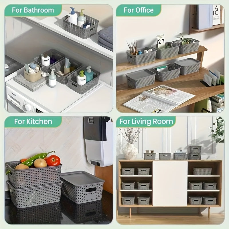 Plastic Storage Basket Set of 8 with Lids - Desktop & Shelf Organization Bins for Documents, Office, Home & Bedroom Storage, Multi-Functional Stackable Baskets - Grey, Black & White