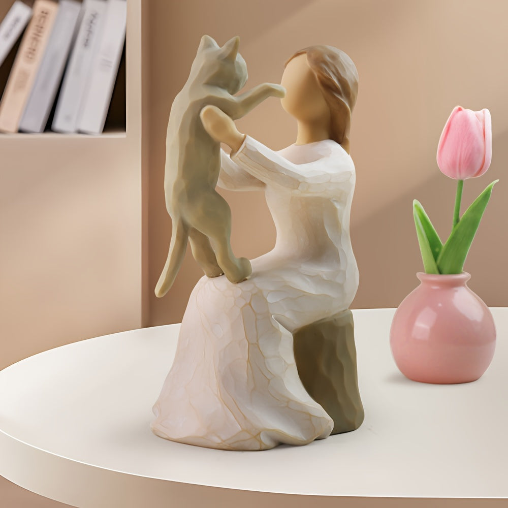 Hand-Painted Girl & Cat Resin Statue – Collectible Kitten Companion Figurine | Thoughtful Memorial Gift for Cat Lovers, Mom & Cat Ladies | Decorative Sculpture for Home, Shelf & Desktop