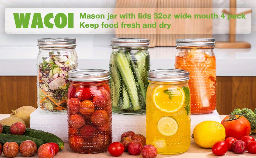 Mason Jars 32oz Wide Mouth with Lids 4 Pack Glass Canning Jars for Pickling Food Storage Meal Prep Salad Jam - Large Glass Jars for Centerpieces Wedding Decor Kitchen Pantry