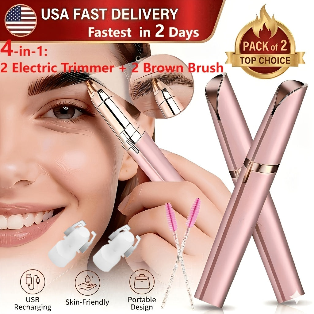 Electric Eyebrow Trimmer 2 Pack USB Rechargeable Painless Precision Hair Remover Women - Face Leg Lip Armpit Portable Razor Pink Rose Gold