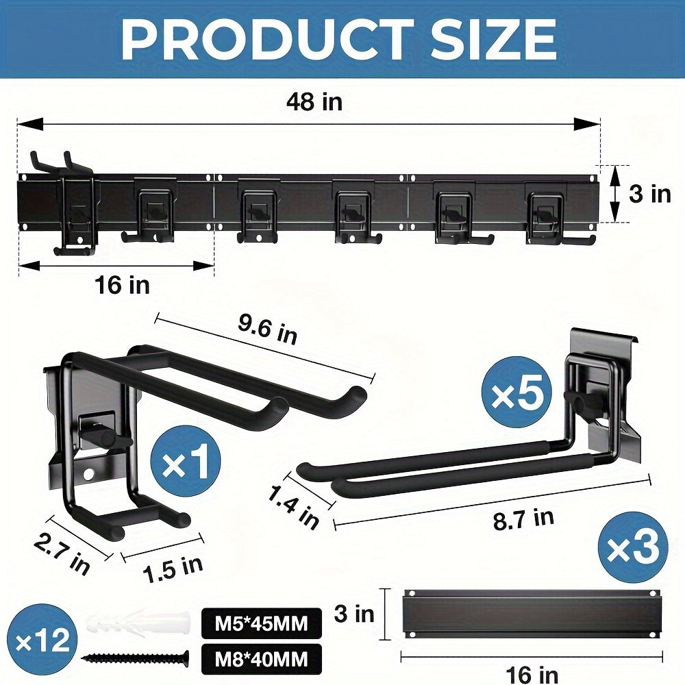 Wall Mount Garage Tool Organizer 48", Heavy Duty Steel Storage Rack with Swivel Lock Hooks, 420lbs Capacity, Holds Brooms, Shovels, Hoses & Garden Tools, Adjustable Pegboard Wall System for Garage & Shed