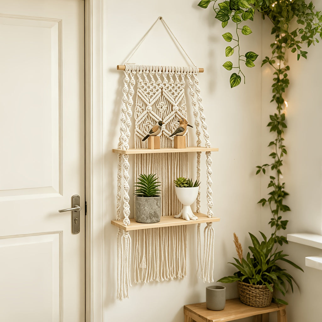 Boho Woven Wall-Mounted Floating Shelf Rack – Handcrafted Macrame Wood Storage Shelf for Bedroom, Bathroom & Bohemian Wall Decor