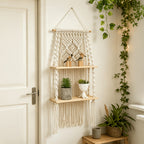 Boho Woven Wall-Mounted Floating Shelf Rack – Handcrafted Macrame Wood Storage Shelf for Bedroom, Bathroom & Bohemian Wall Decor