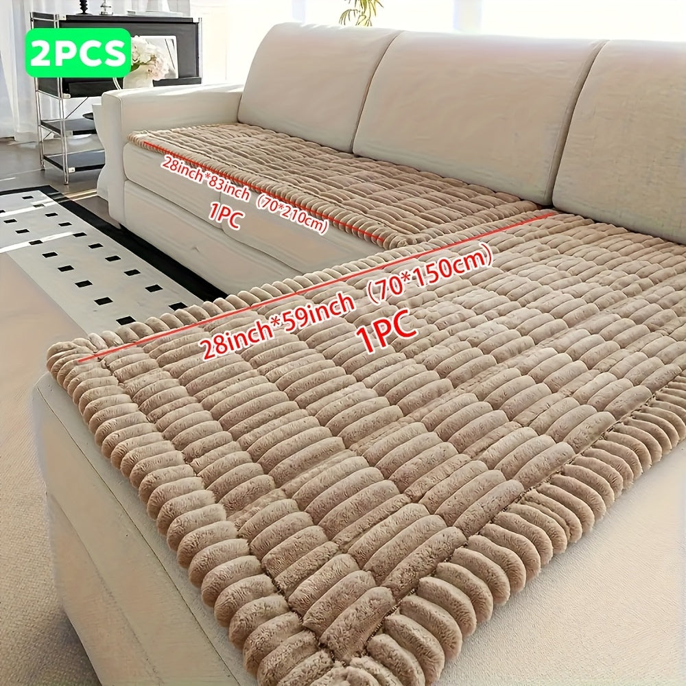 Jacquard Couch Cushion Cover 2pcs Set Solid Color Sofa Seat Cover - Soft Thick Plush Non-Slip Machine Washable Pet Friendly for 2 3 4 Seat Sectional Sofa Living Room Bedroom, 4 Colors