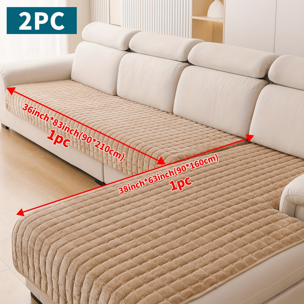 Quilted Short Plush Sofa Protector Set of 2 Ultra Soft Thick Non-Slip Sofa Mat – Pet Friendly, Machine Washable, Fits 3-Seater Sofa, Chaise & Bed Chair, Contemporary Home Decor