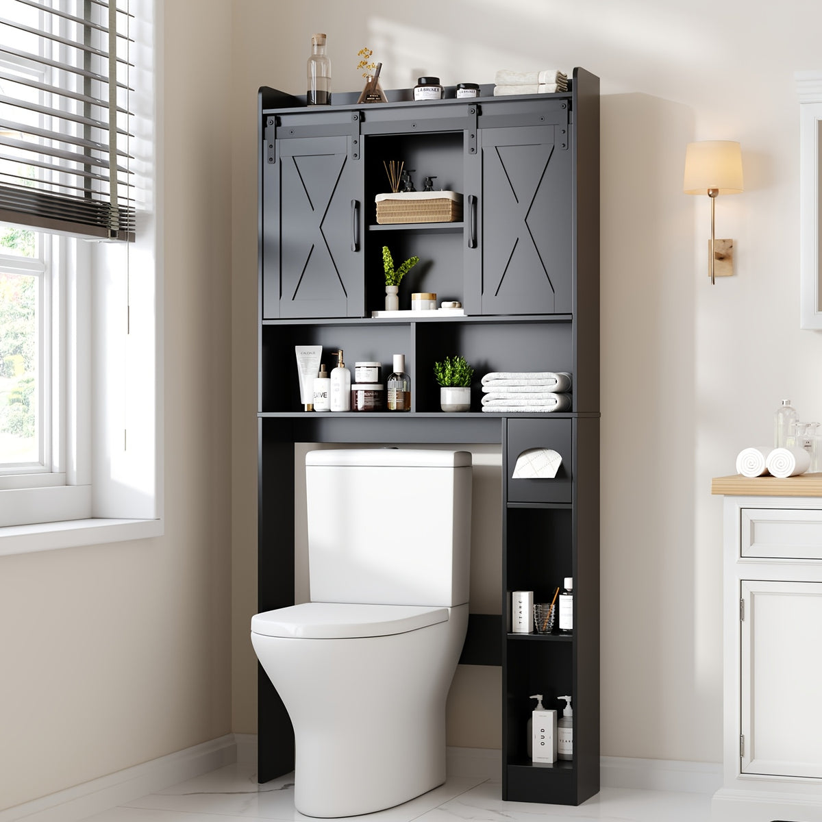 Farmhouse Over Toilet Cabinet with Sliding Doors Engineered Wood Adjustable Shelf Toilet Paper Holder Stand Space Saving Bathroom Storage No Wall Mount Multiple Colors
