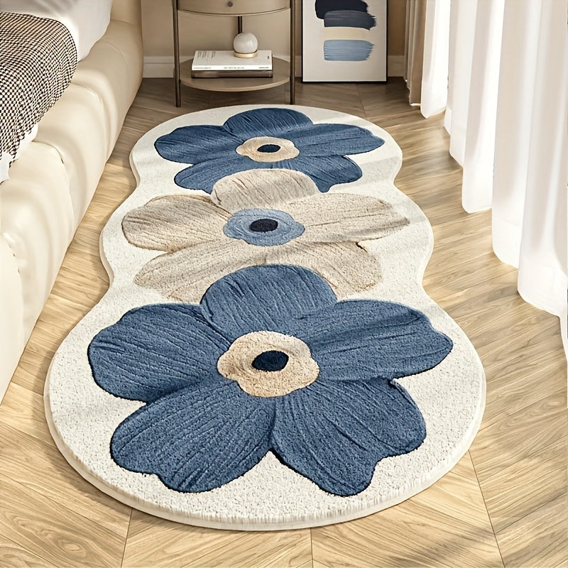 Luxury Soft Plush Floral Mat – 10mm Thick Non-Slip Machine Washable Decorative Rug for Bedside, Living Room, Corridor, Study & Cloakroom, Navy Blue & Brown, 4 Styles