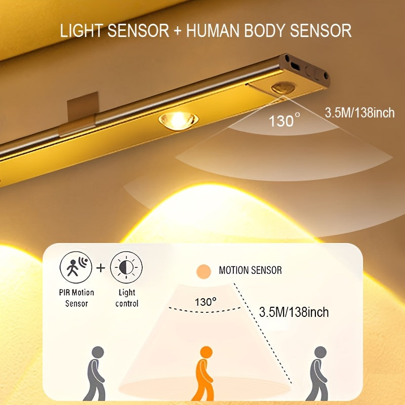 LED Motion Sensor Light Strip USB Rechargeable – Under Cabinet Wardrobe Night Light, 3 Color Modes, Self-Adhesive Magnetic Mount for Kitchen, Bedroom & Shoe Cabinet | 20/30/40cm