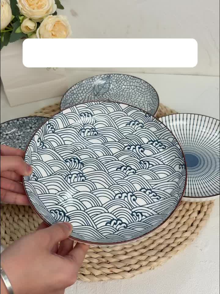 Nordic Ceramic Dinner Plates 8-Inch Set of 4 – Yamada Pattern & Springlight Stripe Serving Plates Underglaze Color Non-Slip Edge Round Steak Plate for Home Kitchen Dining