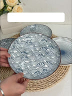 Nordic Ceramic Dinner Plates 8-Inch Set of 4 – Yamada Pattern & Springlight Stripe Serving Plates Underglaze Color Non-Slip Edge Round Steak Plate for Home Kitchen Dining