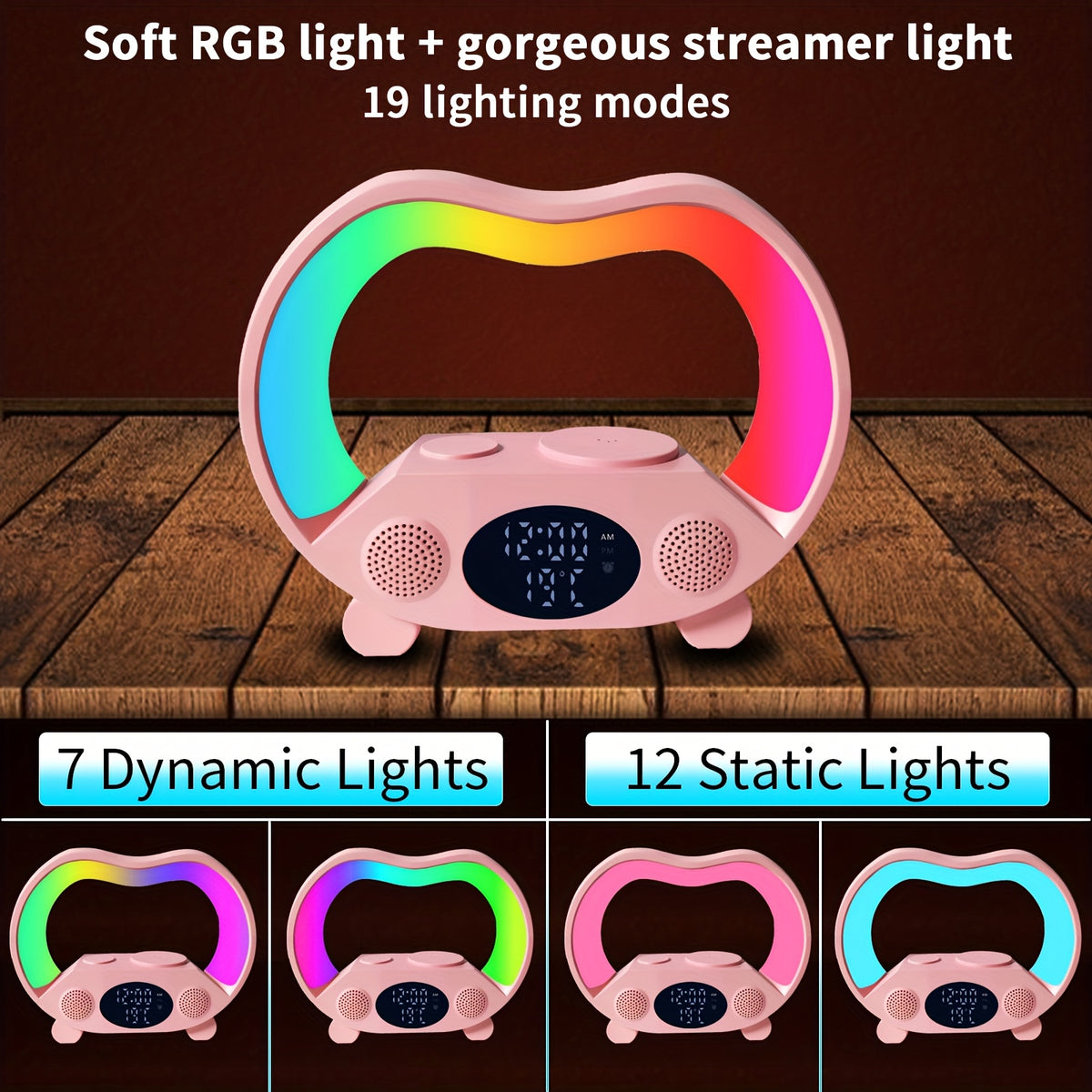 RGB Night Light 6 in 1 Wireless Speaker Alarm Clock Wireless Charging Phone Watch Temperature Display Bedroom Teen Gift Halloween Christmas Decor Black White