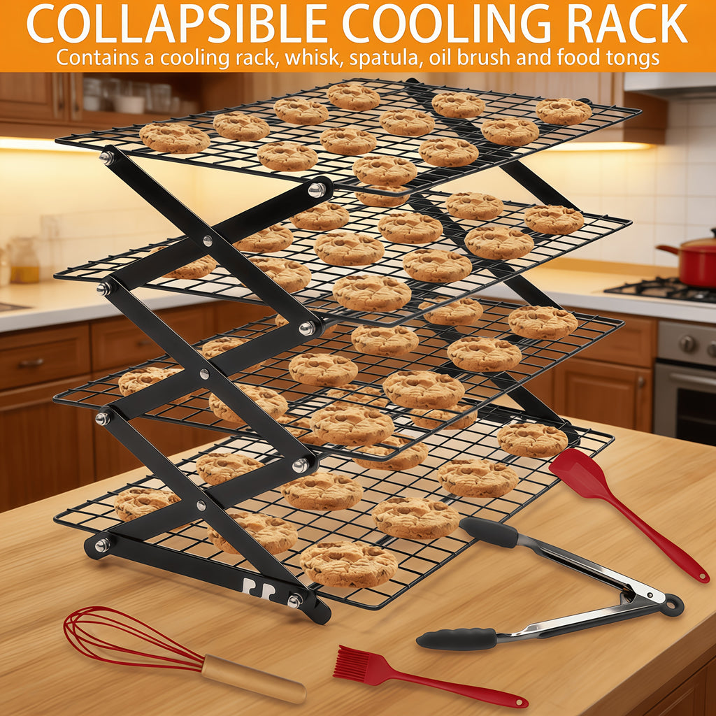 Foldable Cooling Rack Set with Baking Tools – Stackable Oven Cookie Cake Drying Rack, 3/4/5 Piece with Silicone Spatula, Egg Beater & More, Holiday Baking Gift