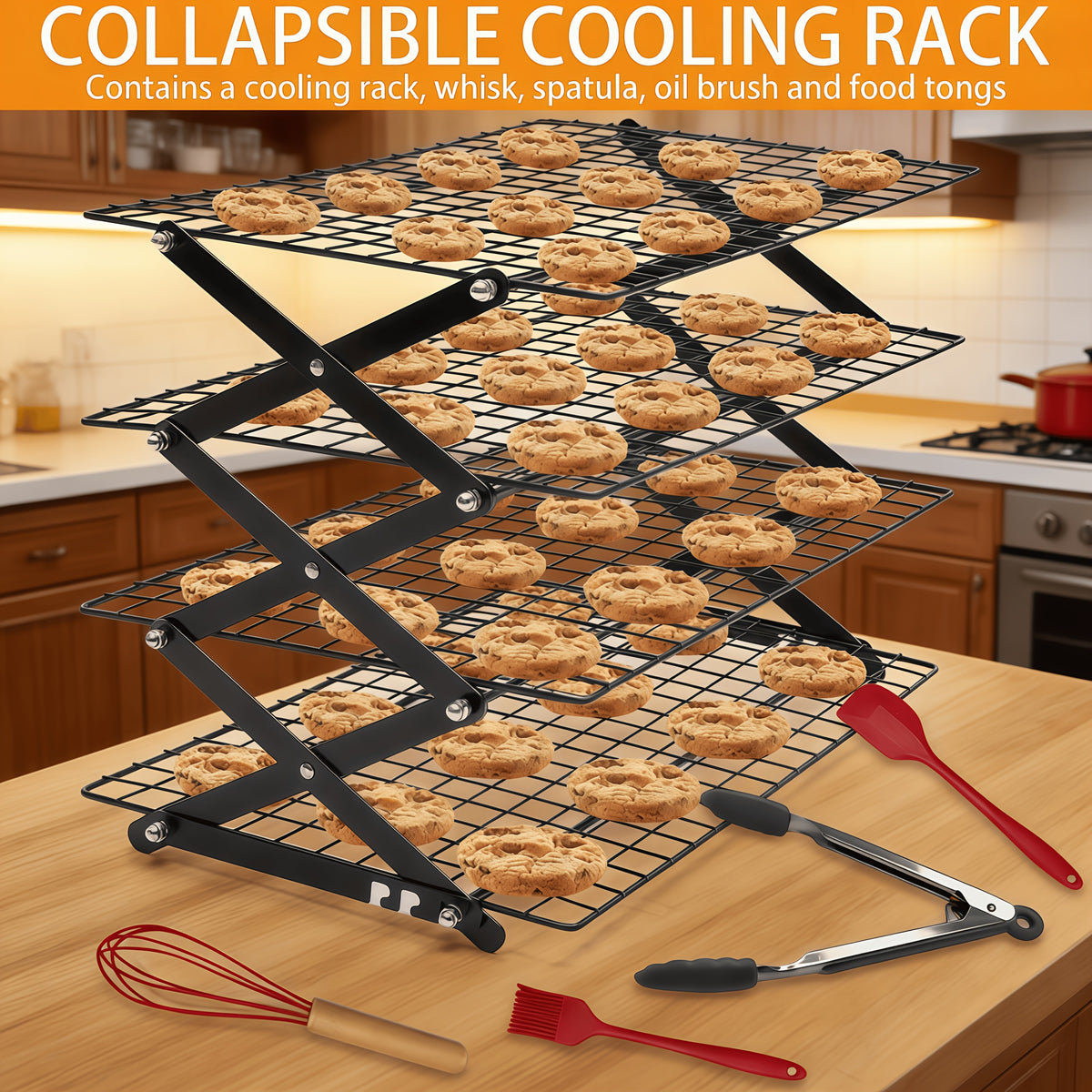 Foldable Cooling Rack Set with Baking Tools – Stackable Oven Cookie Cake Drying Rack, 3/4/5 Piece with Silicone Spatula, Egg Beater & More, Holiday Baking Gift