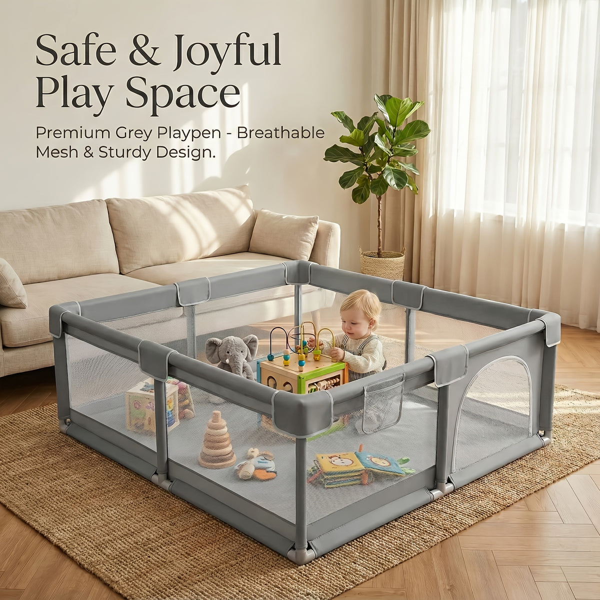 Baby Playpen 50x50 Inch Play Pen for Babies Toddlers Indoor Outdoor Baby Fence Play Yard Breathable Mesh Anti-Fall Safe Activity Center Grey
