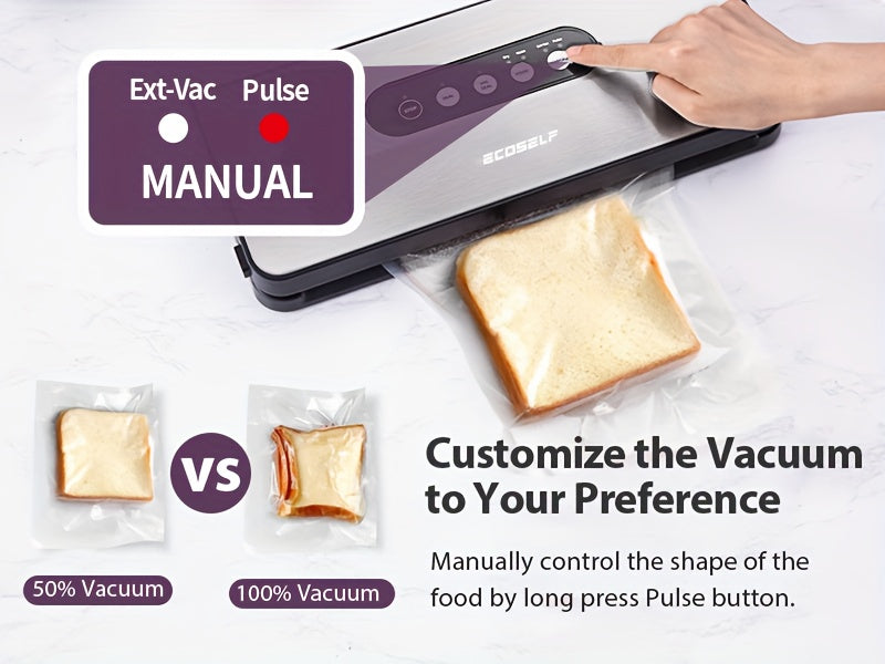 Vacuum Sealer Machine 8-in-1 65kPa Stainless Steel with Built-In Cutter, 10 Bags & External Vacuum Port – Food Sealer for Food Storage & Sous Vide, Model SJ2090