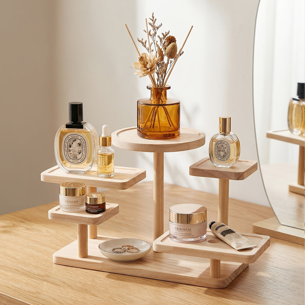 Multi-Tier Wooden Desk Organizer 5 or 6 Tray – Space-Saving Standing Shelf Rack for Cosmetics, Jewelry, Decor & Office Supplies