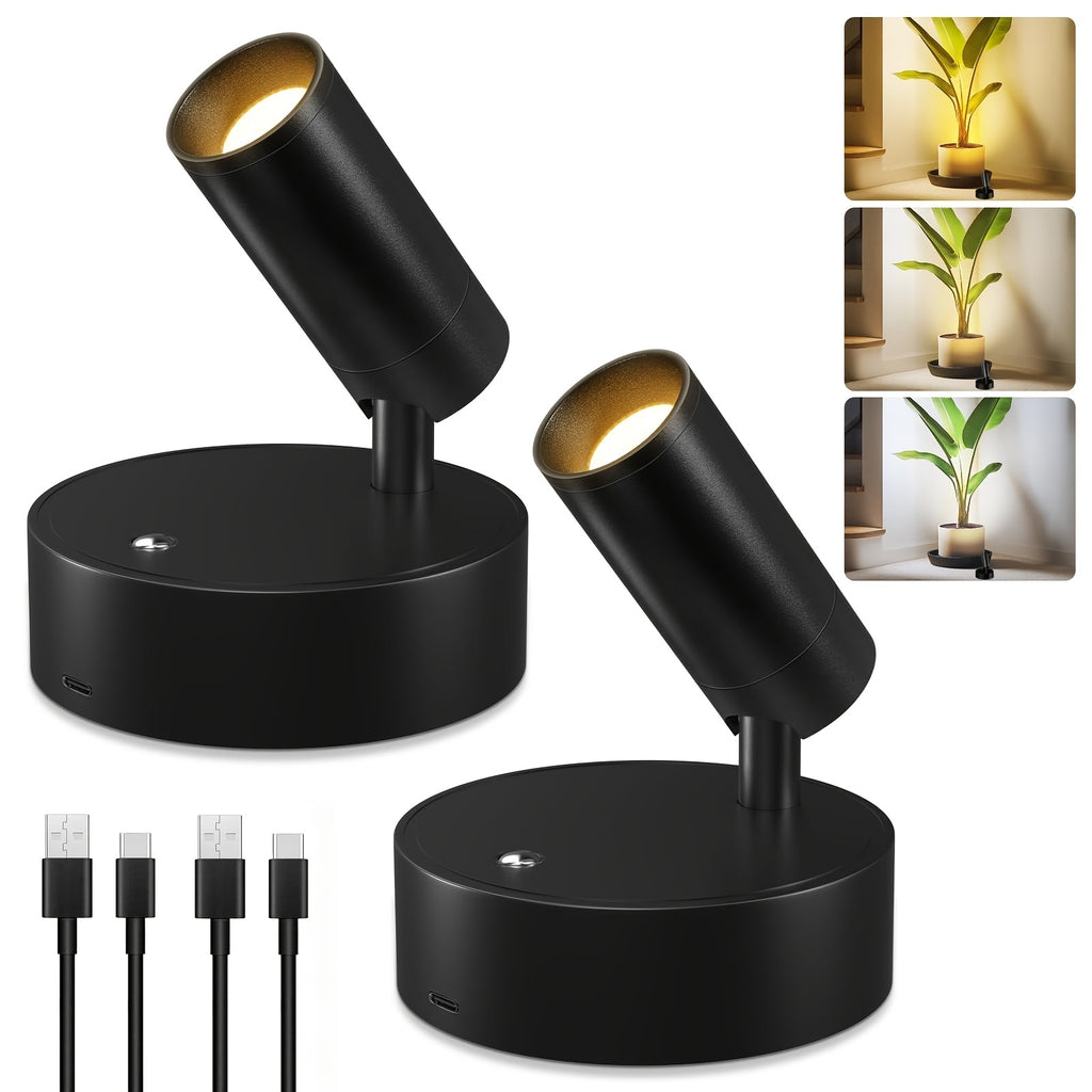 Wireless LED Spotlight 2-Pack Rechargeable Indoor Accent Uplighting 3 Color Dimmable for Plants Pictures Wall Art Decor – Black Gold White
