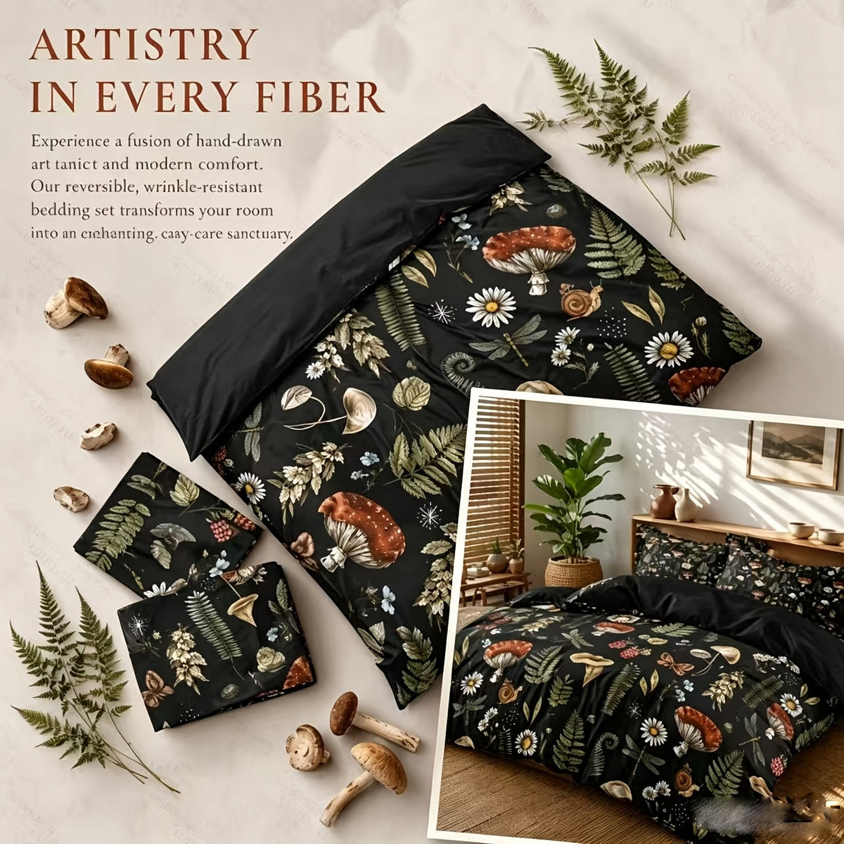 Mushroom Forest Print Duvet Cover Set 3 Piece Soft Polyester Quilt Cover with 2 Pillowcases Cottagecore Bedding Twin Full Queen King