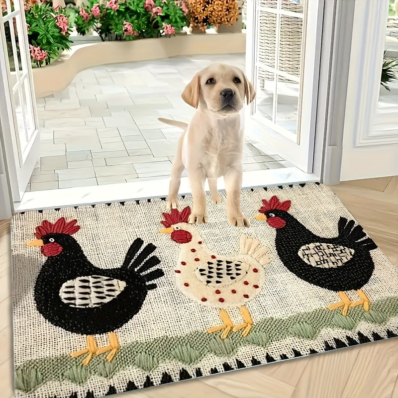 Welcome Door Mat - Embroidered Rooster Design Non-Woven Indoor Outdoor Floor Mat for Entrance Bathroom Kitchen Porch and Study