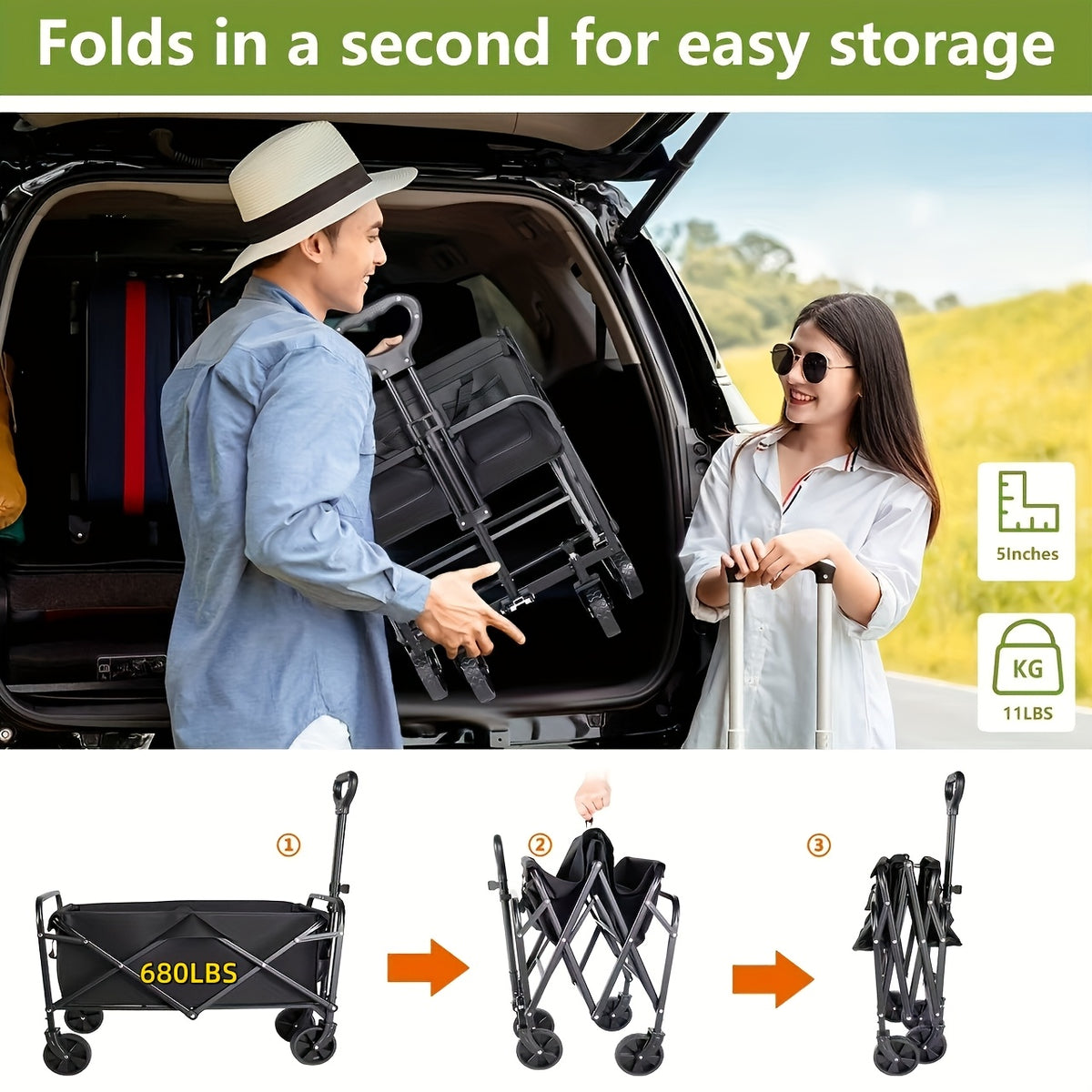 Heavy Duty Folding Utility Cart Wagon with All-Terrain Wheels, 680LBS Capacity Outdoor Camping Garden Shopping Yard Beach Sports Equipment Collapsible Wagon