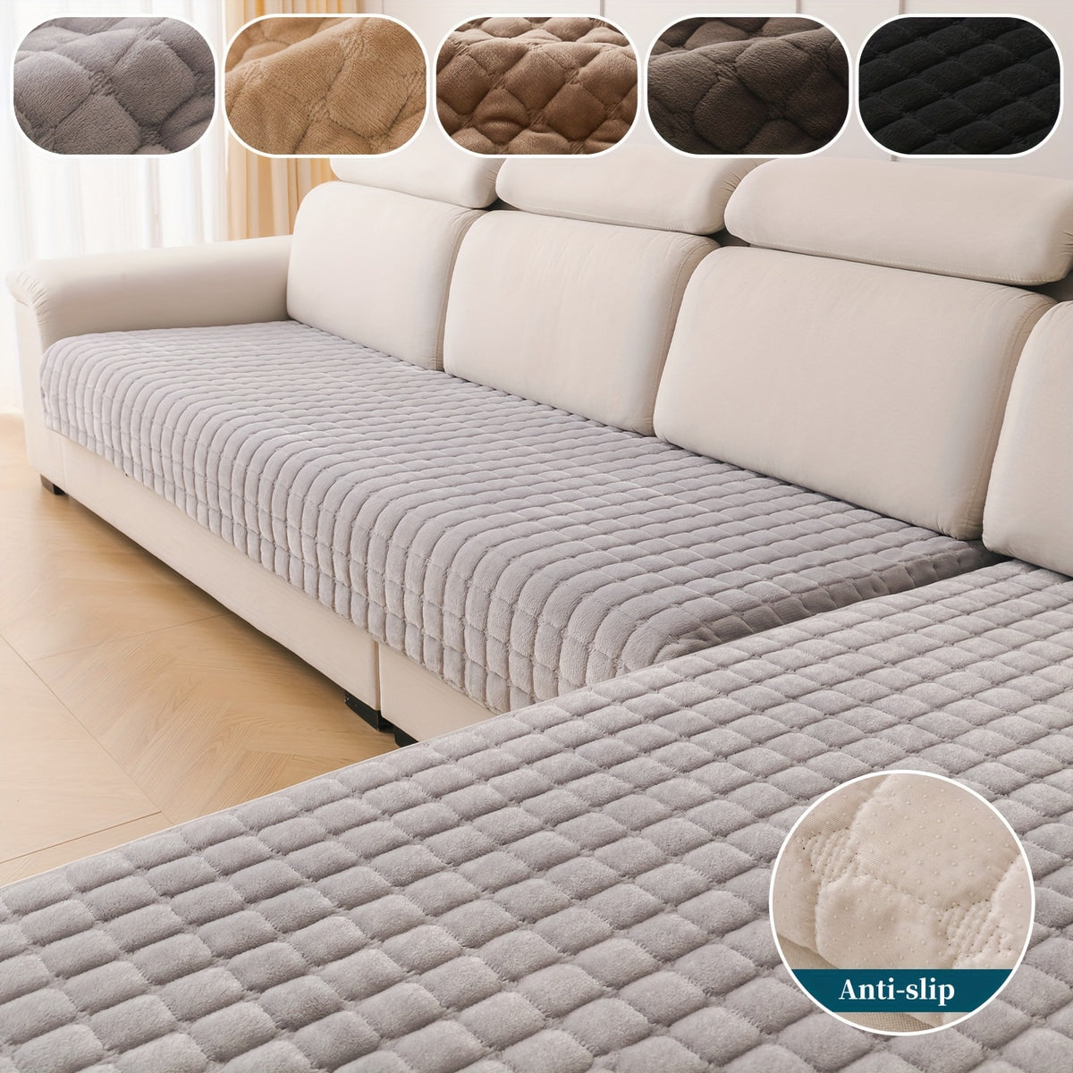 Quilted Short Plush Sofa Protector Set of 2 Ultra Soft Thick Non-Slip Sofa Mat – Pet Friendly, Machine Washable, Fits 3-Seater Sofa, Chaise & Bed Chair, Contemporary Home Decor