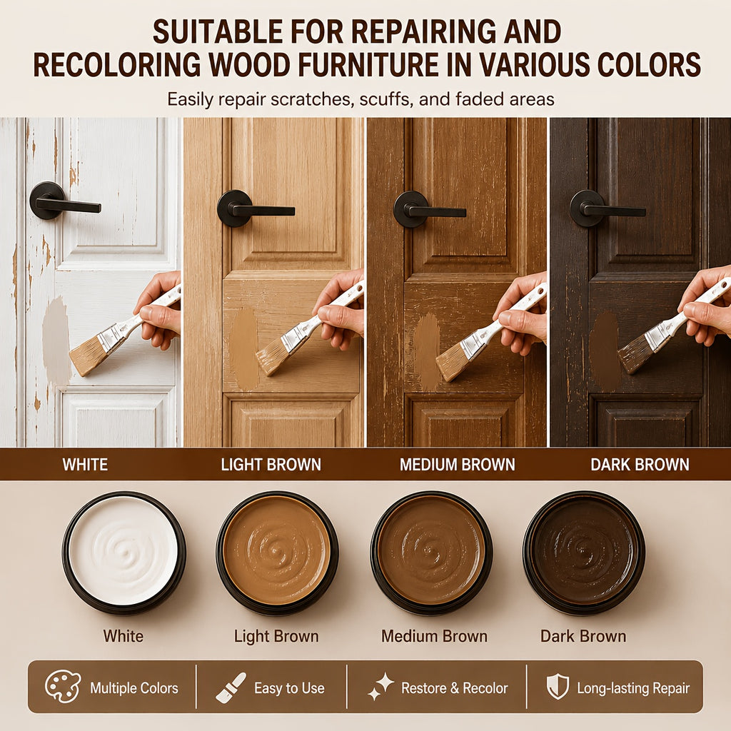 Wood Touch-Up Repair Paste with Brush – 4 Colors White, Light, Medium & Dark Brown for Scratches, Chips, Dents & Faded Wood on Floors, Cabinets, Doors, Tables & Chairs