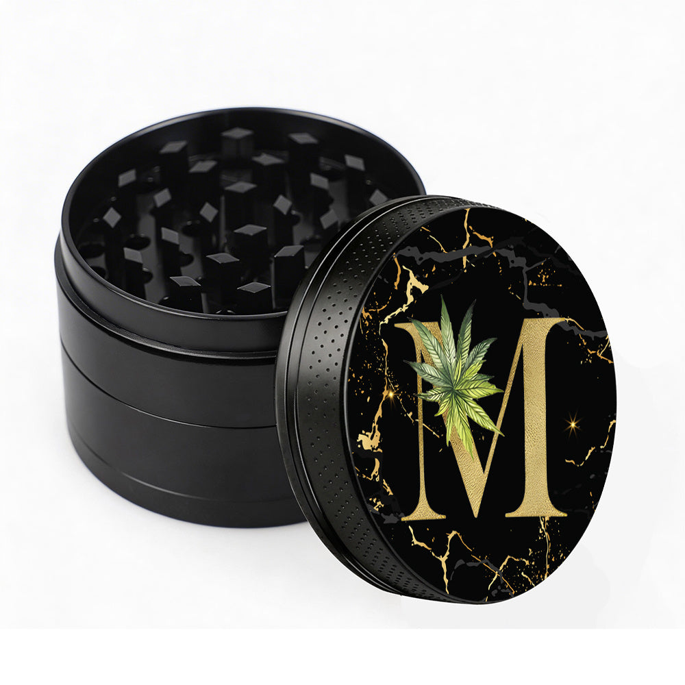 Manual Spice & Herb Grinder with Pollen Catcher - Personalized A-Z Initial Letter Metal Crusher, Portable 2 Inch Golden Marble Alphabet Design, Gift for Smokers & Herb Lovers (Black)
