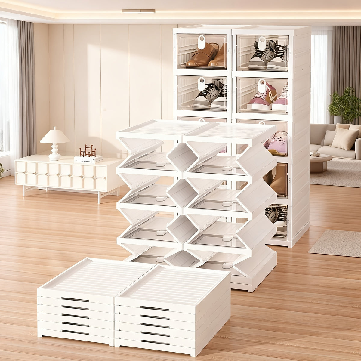 Stackable Shoe Box Organizer with Flip Transparent Door 3 5 or 6 Layer Foldable Space-Saving Shoe Cabinet for Entryway Hallway Bedroom Living Room