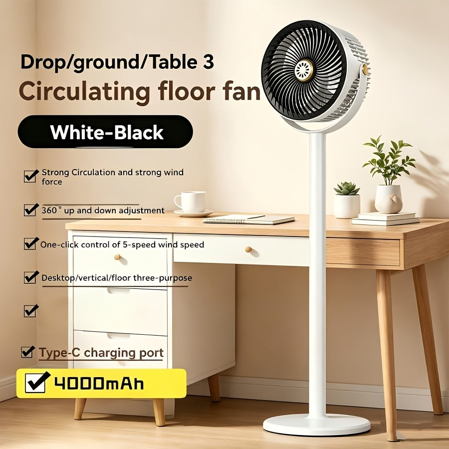 5-in-1 RV Ventilation USB Fan 4000mAh 5 Speed Settings Dual Head Type-C & USB Charging Port for Indoor Outdoor Bedroom Office Camping RV Personal Cooling