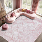 Vintage Retro Area Rug Pink Machine Washable Non-Slip Low Pile for Living Room, Bedroom & Dining – Lightweight Indoor Carpet, 4 Sizes
