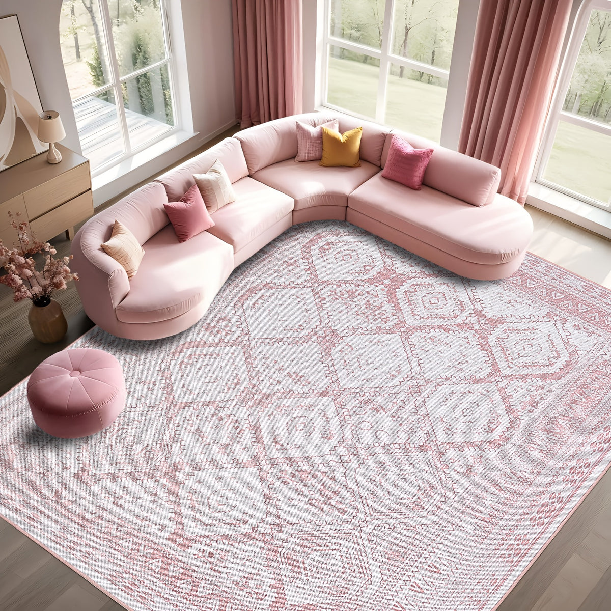 Vintage Retro Area Rug Pink Machine Washable Non-Slip Low Pile for Living Room, Bedroom & Dining – Lightweight Indoor Carpet, 4 Sizes