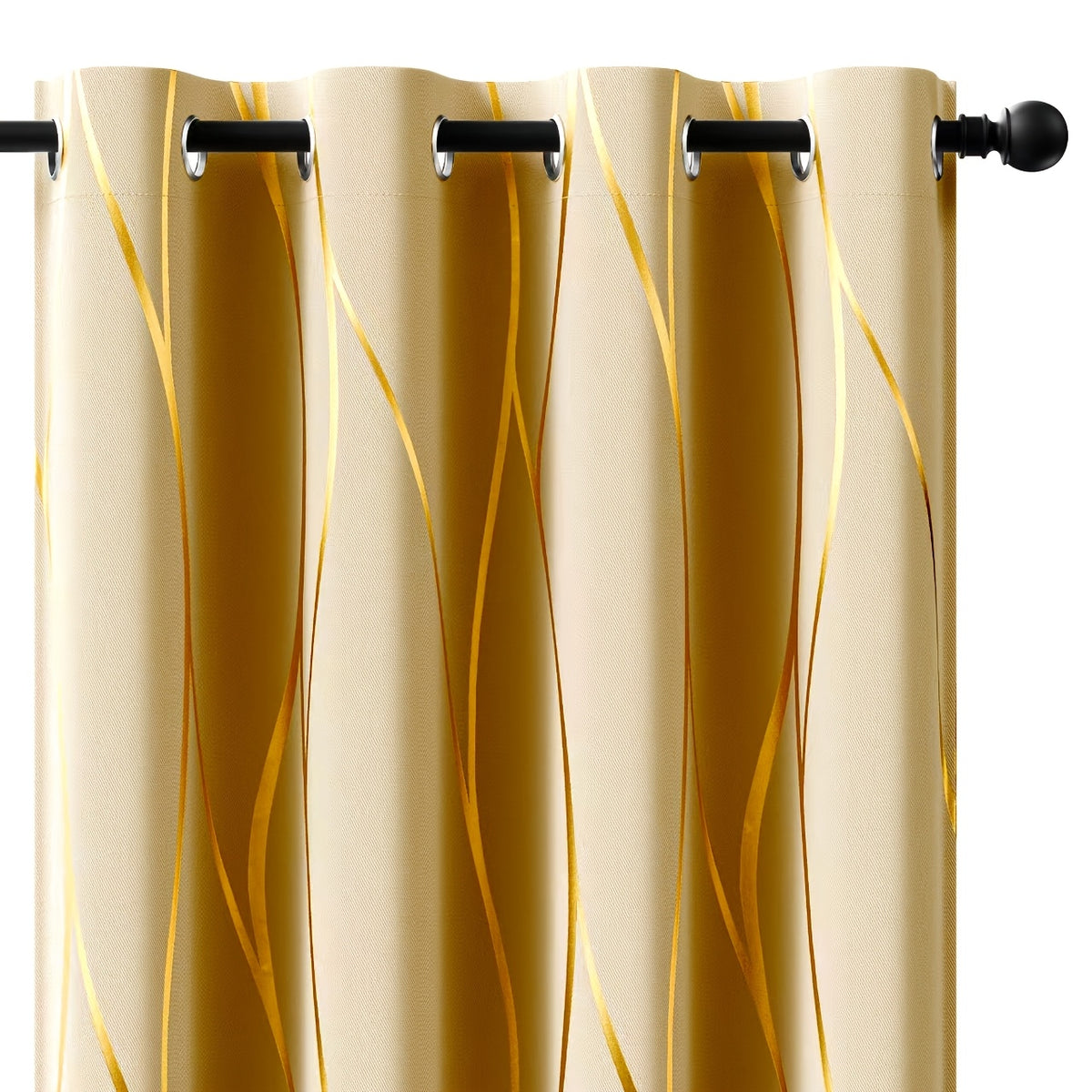 Blackout Curtains Glam Style 2 Panels - Grommet Top Room Darkening Drapes with Gold Foil Wave Pattern, Thickened Polyester Heat Insulation for Living Room & Bedroom