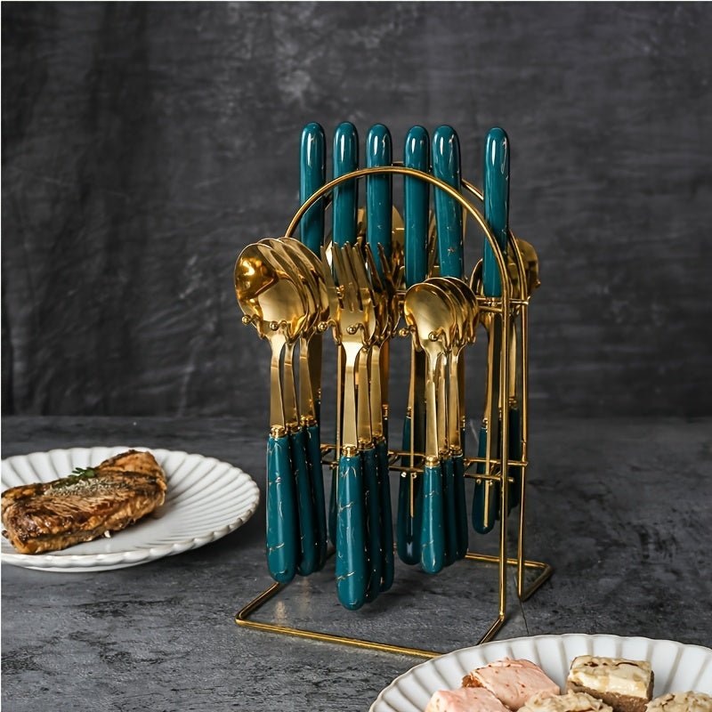 Marble Pattern Cutlery Set 24 Piece Polished Flatware Dinner Forks Soup Spoons Teaspoons for Home Restaurant Hotel Outdoor Dining Black Pink White Green