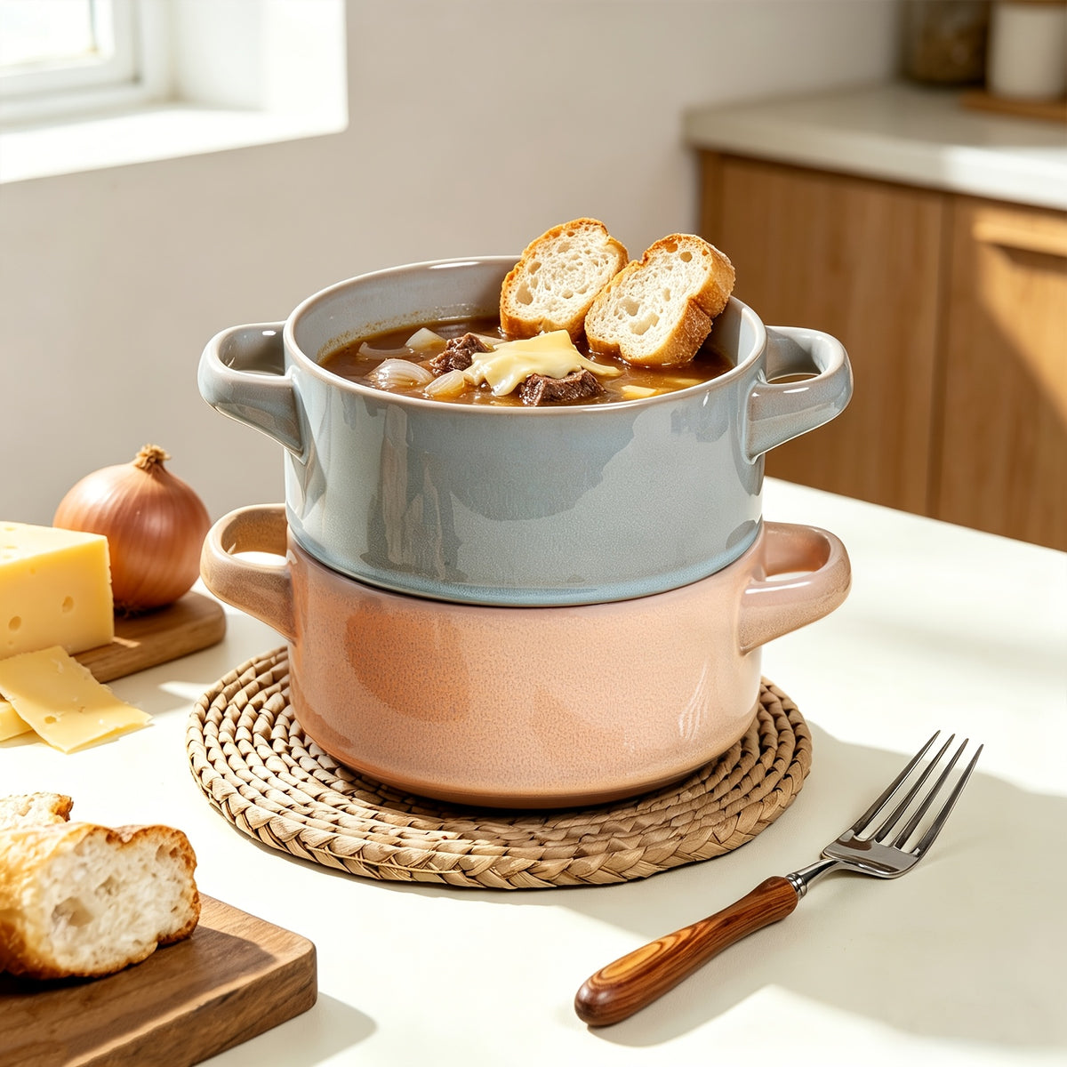 Colorful Ceramic Double-Handled Bowl Set Dopamine Style 28oz Extra-Large – Microwave & Dishwasher Safe for Soup, Salad, Pasta & Ramen – 2 or 4 Piece, Assorted Colors
