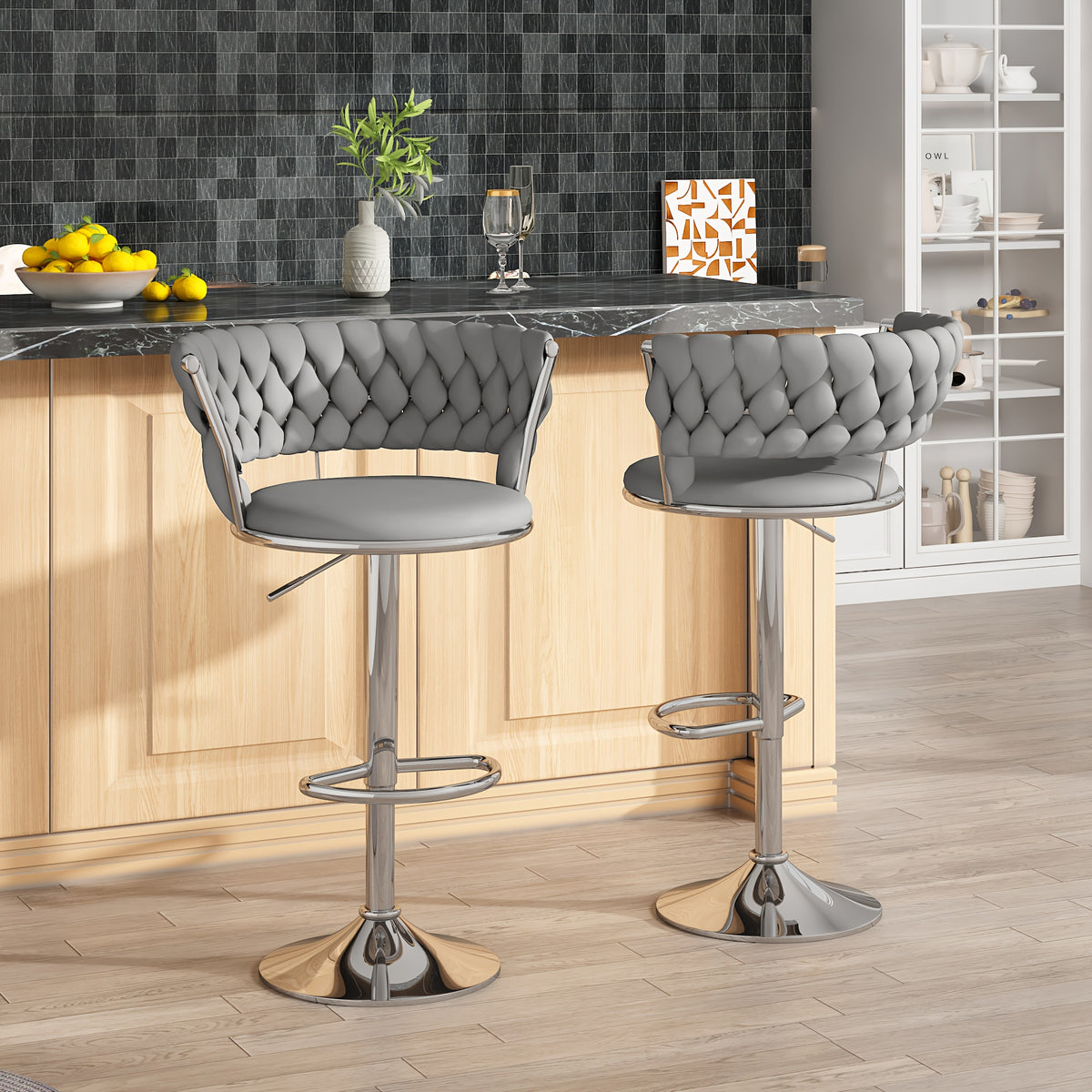 Bar Stools Set of 2 or 4 Adjustable Height Metal Leg Upholstered Counter Chairs for Kitchen Island Bar Living Room Dining Room – Glam Style