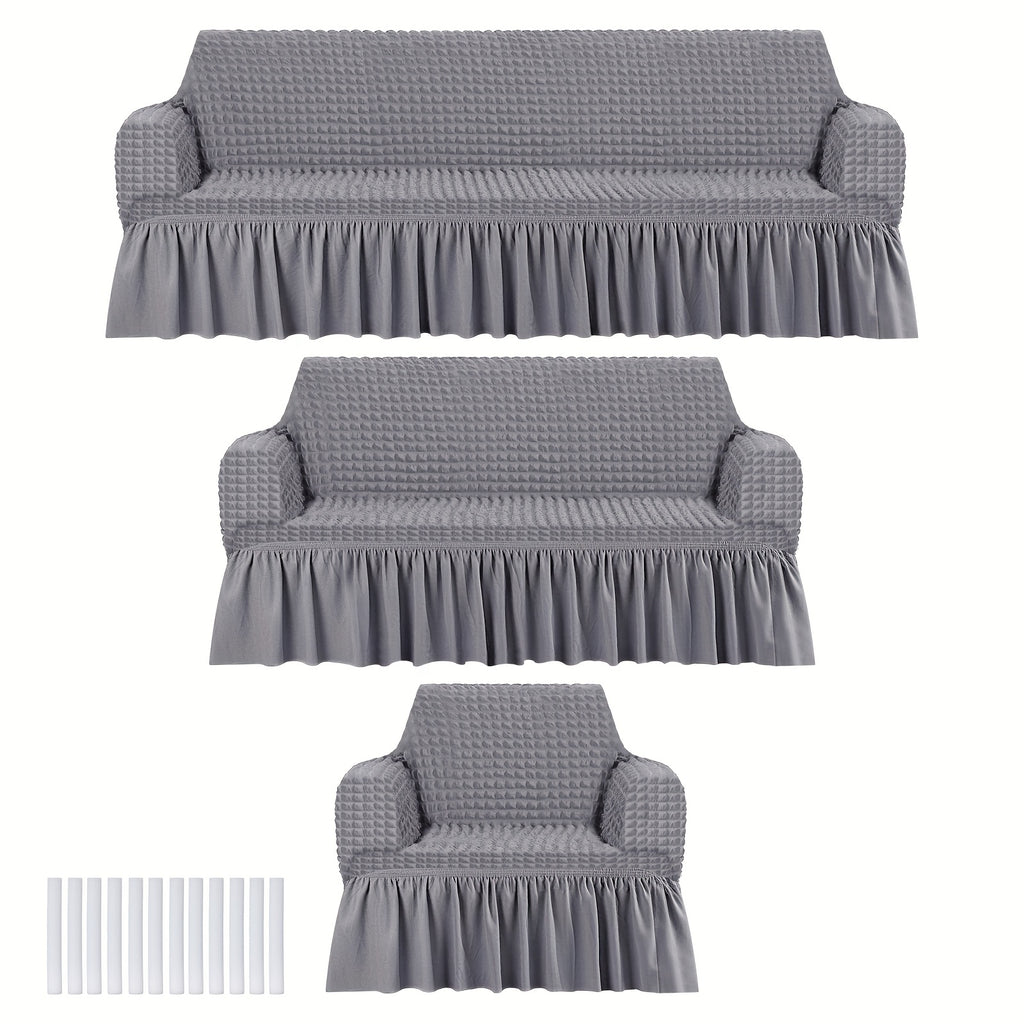 Sofa Slipcover Set 3 Piece Stretch Elastic Couch Cover with Skirt Washable Furniture Protector for Sofa Loveseat Armchair 3 Colors