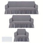 Sofa Slipcover Set 3 Piece Stretch Elastic Couch Cover with Skirt Washable Furniture Protector for Sofa Loveseat Armchair 3 Colors