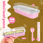 100 Pack Mini Aluminum Foil Cake Pans with Lids and Spoons - 6.8oz Rectangular Baking Pans for Mini Cheesecakes Desserts and Holiday Baking - Disposable Bakeware Set