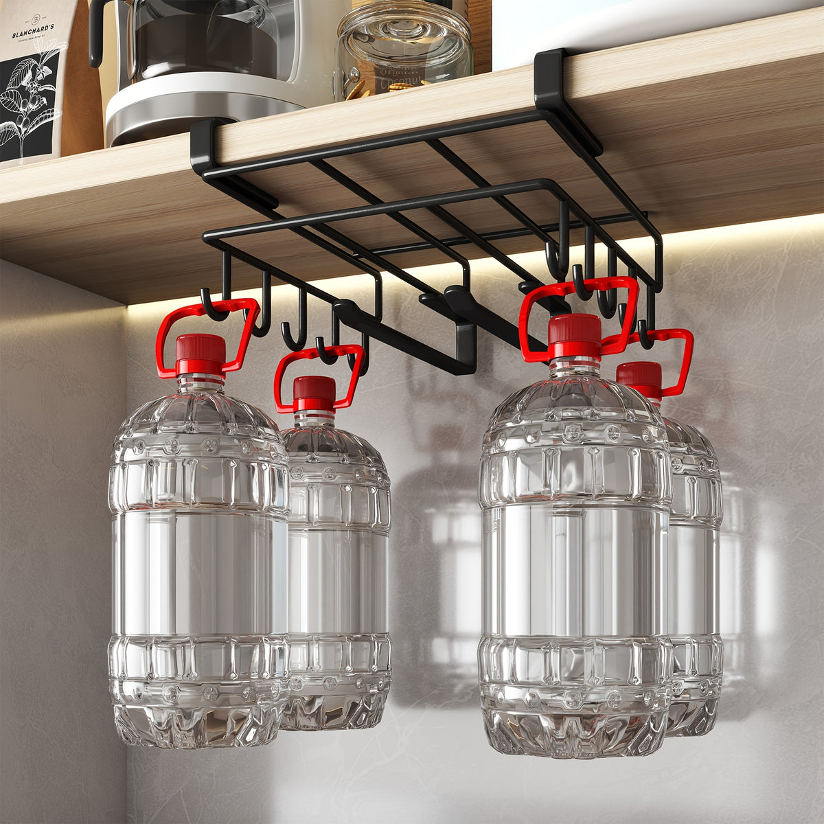 Under Cabinet Organizer Rack with Double Row Hooks Heavy Duty Carbon Steel Kitchen Shelf for Utensils Towels Cups Cutting Boards – No-Drill Easy Install