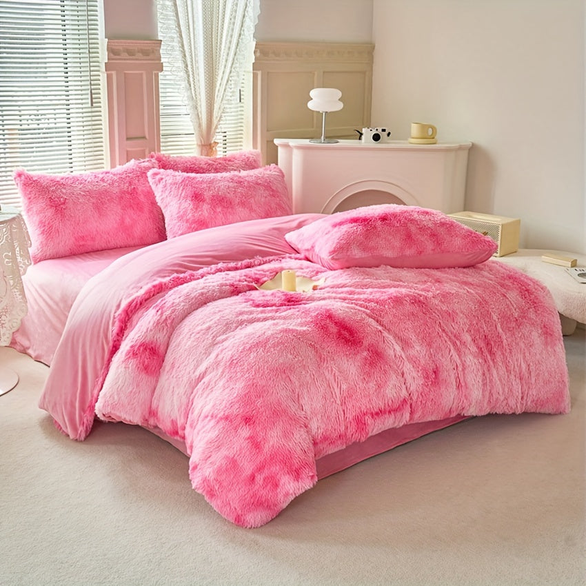 3-Piece Tie-Dye Long Plush Duvet Cover Set 1 Duvet Cover + 2 Pillowcases Zip Closure Machine Washable All-Season Elegant Bedroom Pink Khaki Light Gray Twin Full Queen King