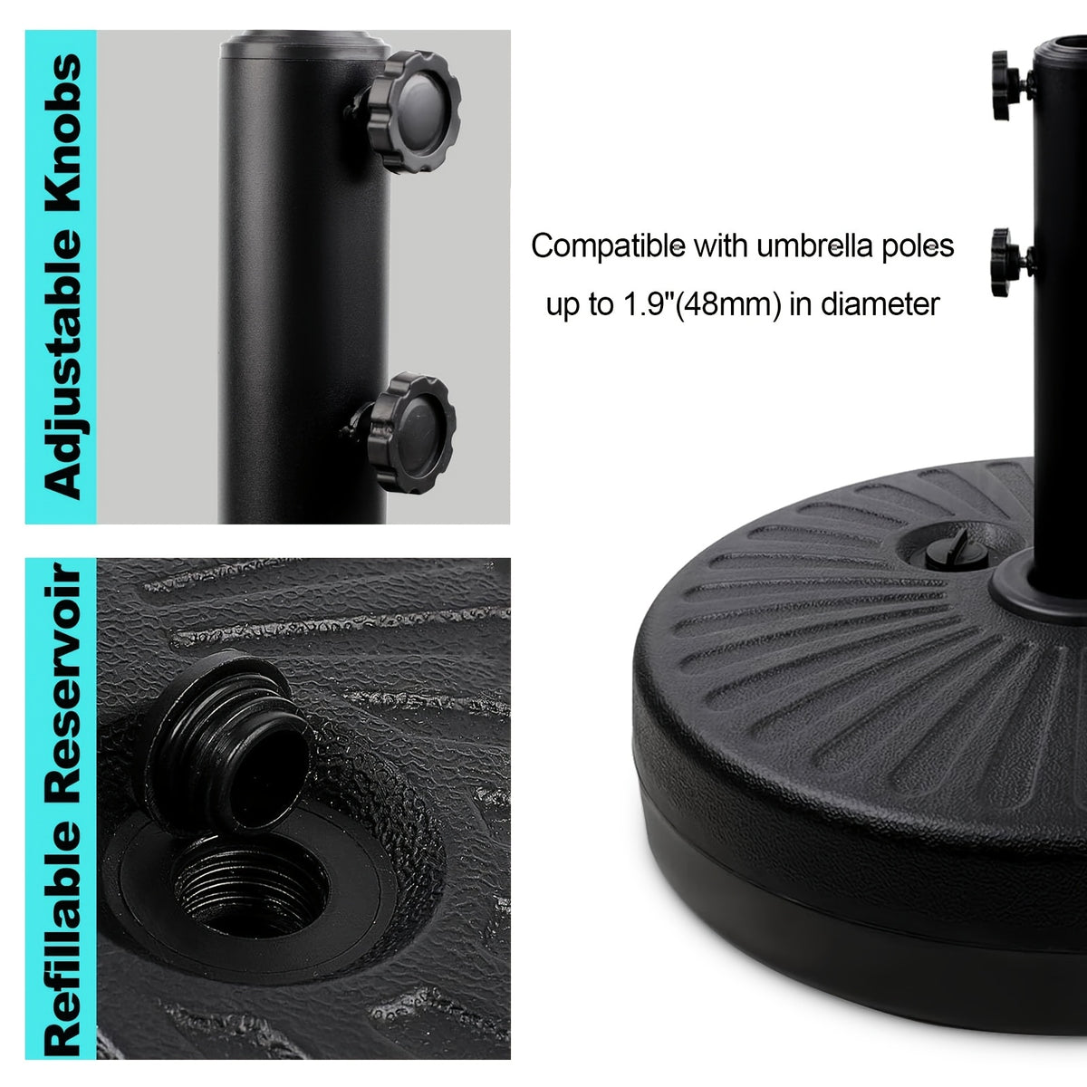 Heavy Duty Patio Umbrella Base Stand 20in Round 50LBS Water Sand Fillable Steel Holder for Outdoor Market Lawn Garden Black