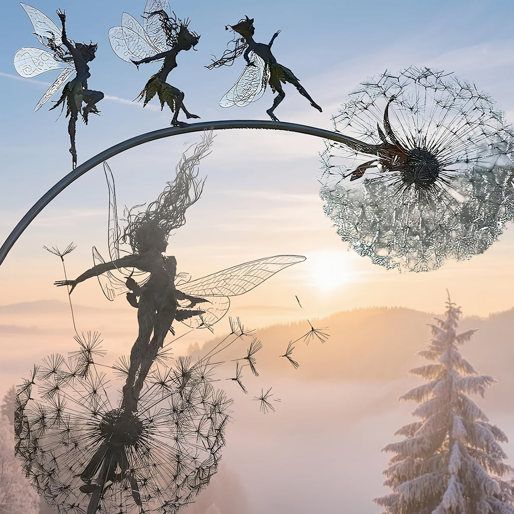 Stainless Steel Dancing Flower Fairy & Dandelion Garden Sculpture, Weather-Resistant Metal Outdoor Art Decor for Patio, Courtyard & Lawn, No Electricity Needed, Valentine's Day & Holiday Gift