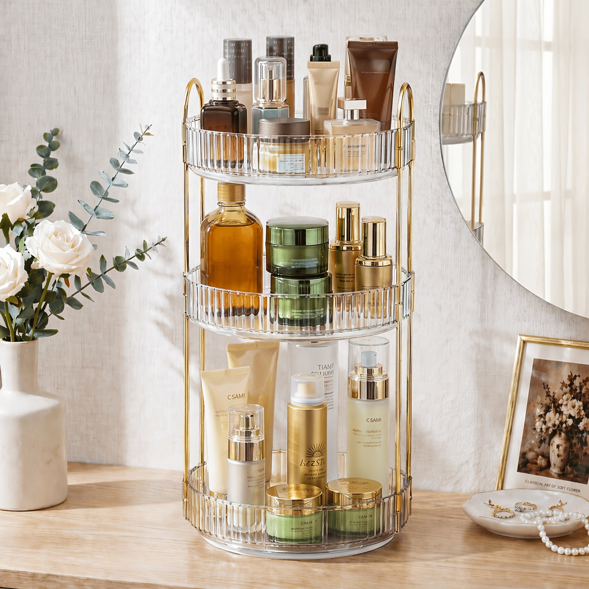 360° Swivel Makeup Organizer 3-Tier Countertop - Rotating Perfume & Cosmetic Organizer, Large Capacity Skincare Storage Rack for Bathroom Dresser Vanity