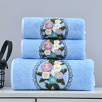 Embroidered Flower Towel Set 3 Piece – Soft Absorbent Bath Towel & 2 Face Towels – Skin-Friendly Polyester Blend, Home & Beach Use, White, Blue, Pink, Gray