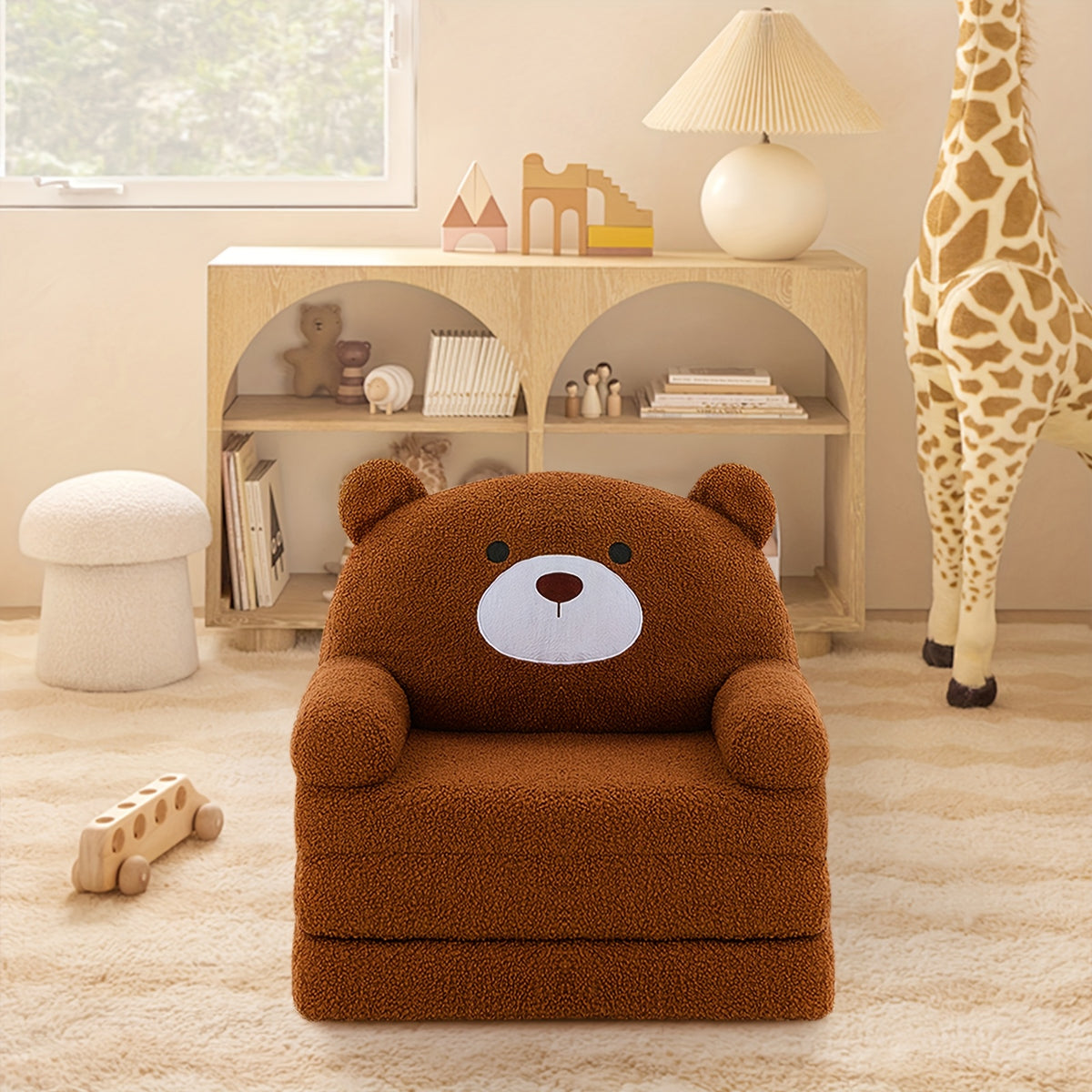 Animal Kids Foldable Sofa 2-in-1 Fold-Out Couch – Soft Polar Fleece High-Density Foam Lounger Chair for Playroom, Boys & Girls Room Decor, Cute Teddy Bear, Panda, Kitten & Milk Cow Styles