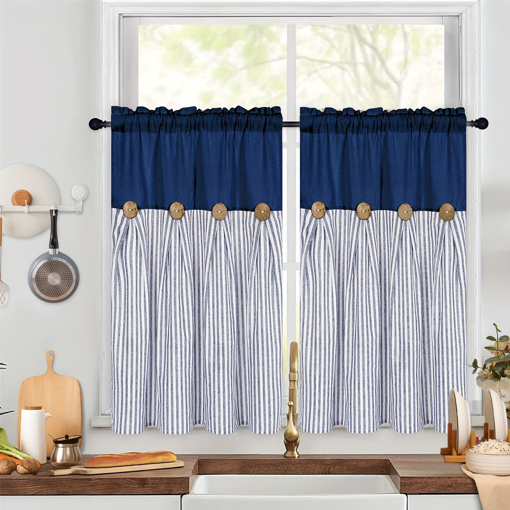 Bohemian Semi-Sheer Linen Cotton Curtains Grommet Top – Patchwork Country Cottage Window Drapes, 1 or 2 Panels, All Season, Bedroom Living Room Kitchen Bathroom Cafe Decor | Blue Green Dark Blue