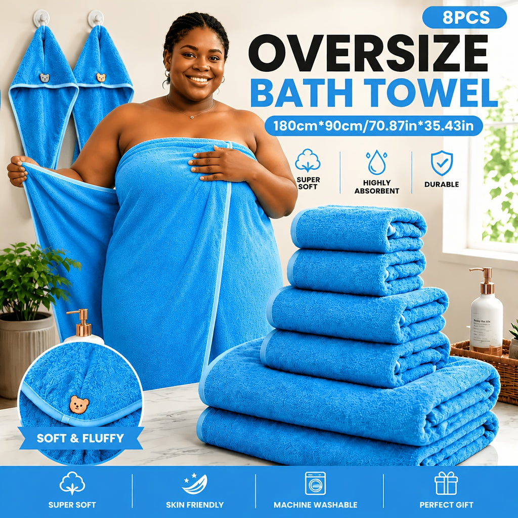 Microfiber Bath Towel Set 4 or 8 Piece – Extra Large 71×35” Ultra-Soft Quick Dry – Includes Bath Towel, Hand Towels, Washcloths & Hair Drying Cap for Bathroom, Hotel & Gym
